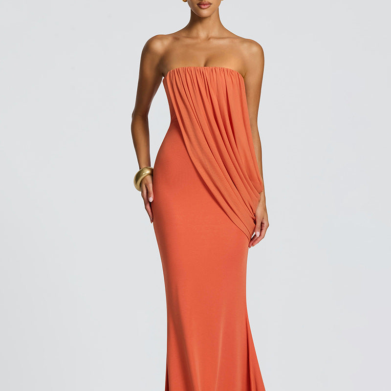 Elegant Solid Color Sleeveless Bodycon Dress With Tube Bra Neckline In Polyester For Date