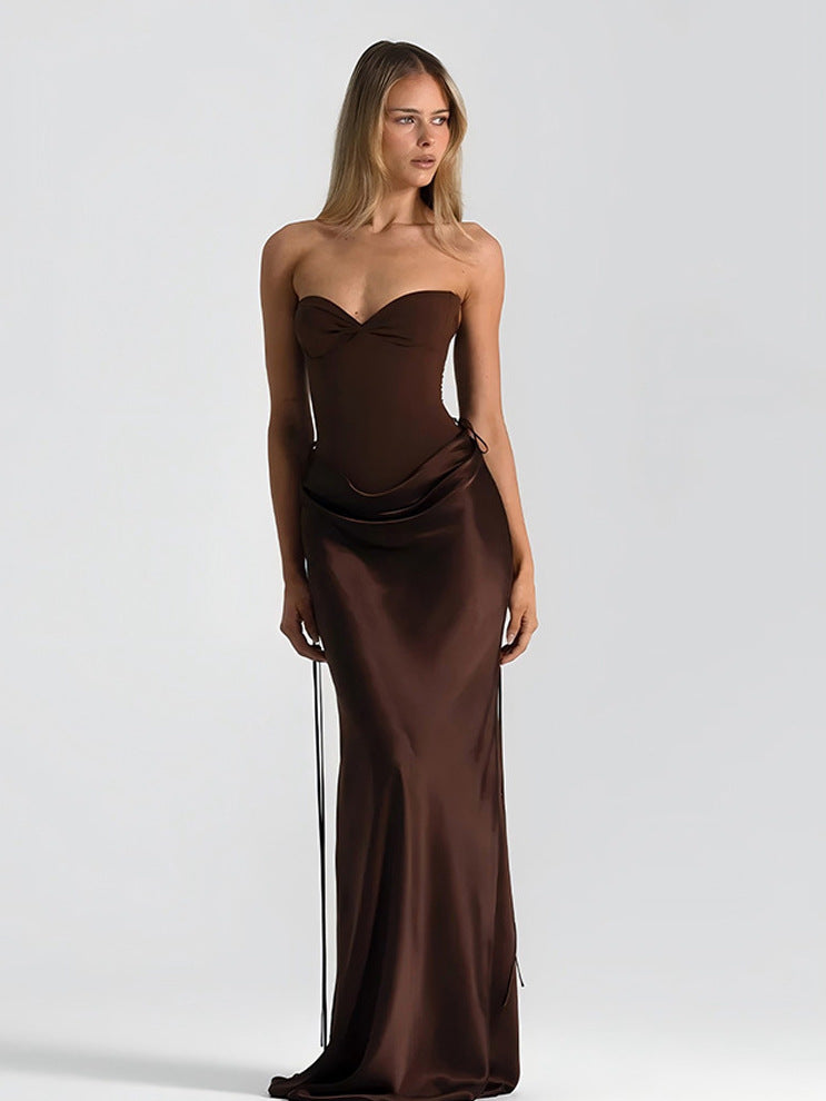 Elegant Solid Color Sleeveless V Neck Party Dress In Satin Fabric For Banquet