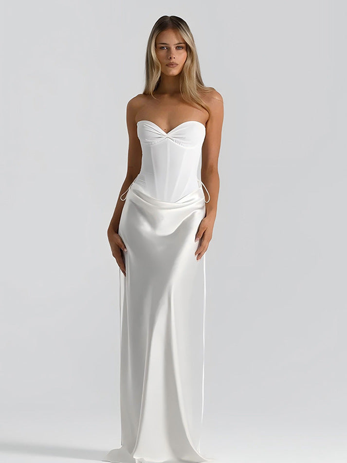Elegant Solid Color Sleeveless V Neck Party Dress In Satin Fabric For Banquet