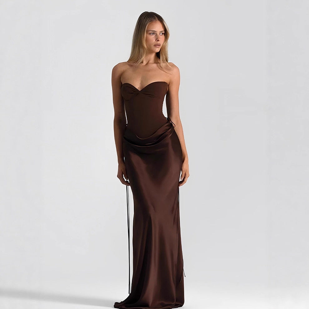 Elegant Solid Color Sleeveless V Neck Party Dress In Satin Fabric For Banquet