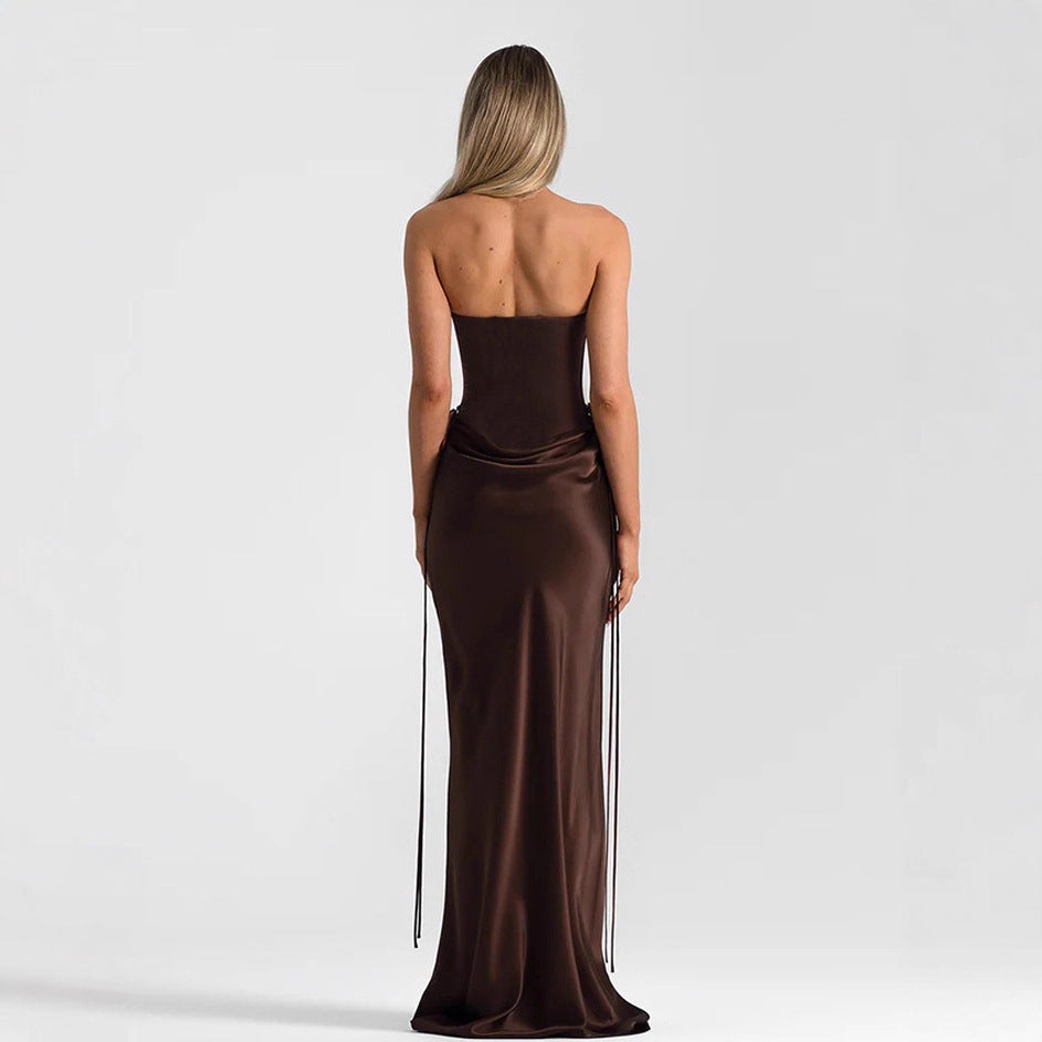 Elegant Solid Color Sleeveless V Neck Party Dress In Satin Fabric For Banquet