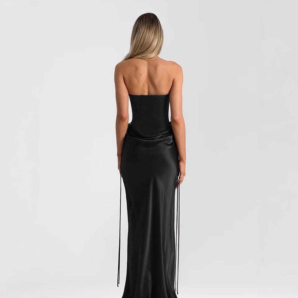 Elegant Solid Color Sleeveless V Neck Party Dress In Satin Fabric For Banquet