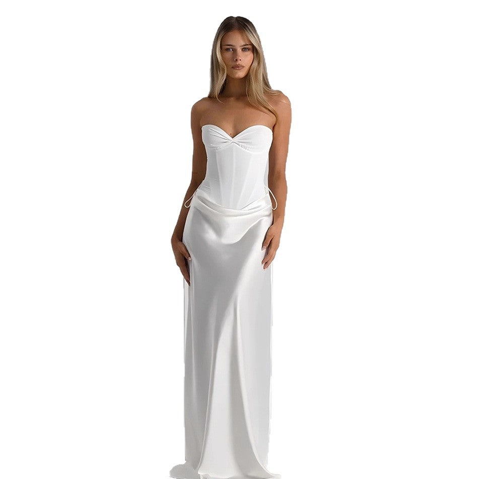 Elegant Solid Color Sleeveless V Neck Party Dress In Satin Fabric For Banquet