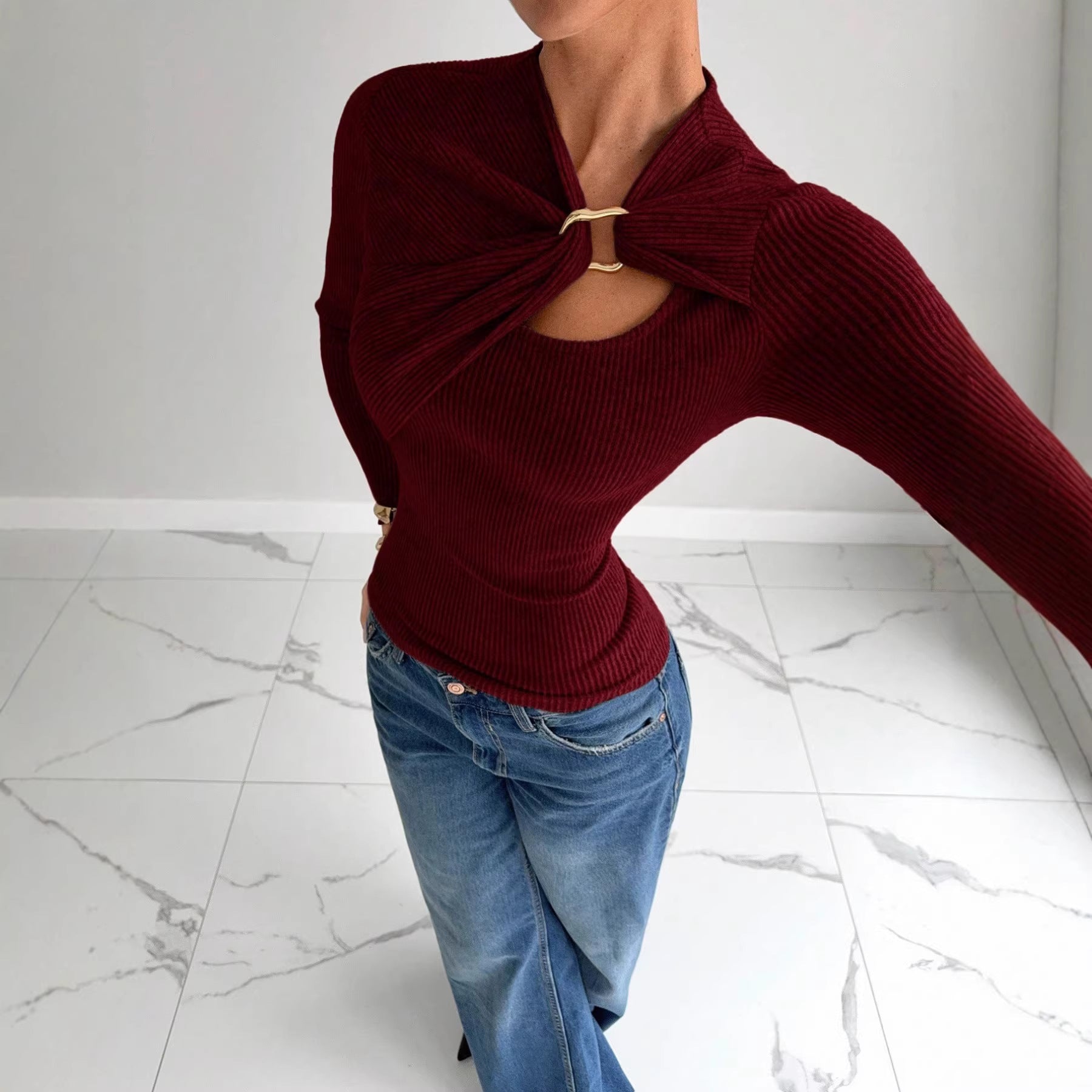 Elegant Solid Color Long Sleeve T-shirt In Polyester Featuring Asymmetrical Design