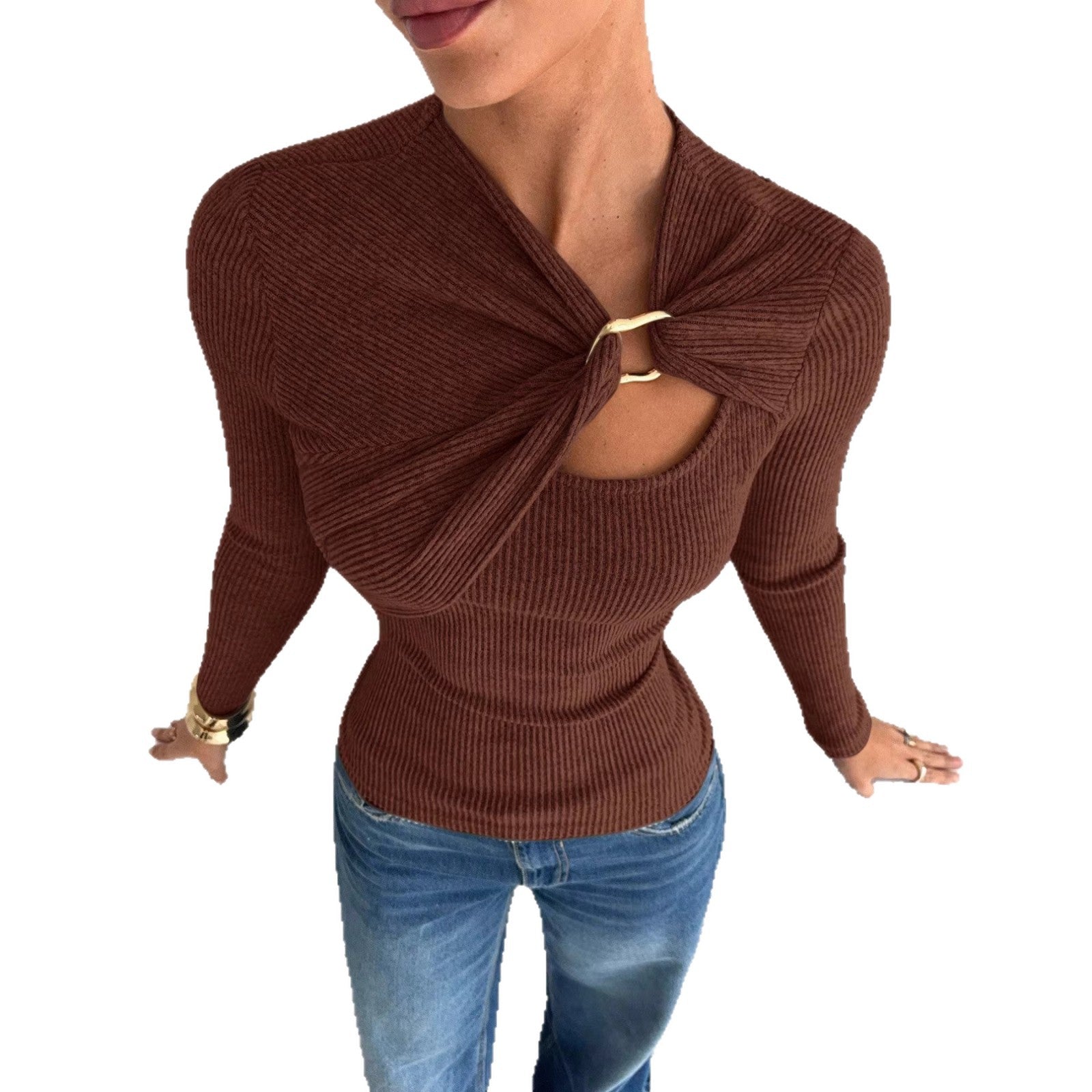 Elegant Solid Color Long Sleeve T-shirt In Polyester Featuring Asymmetrical Design