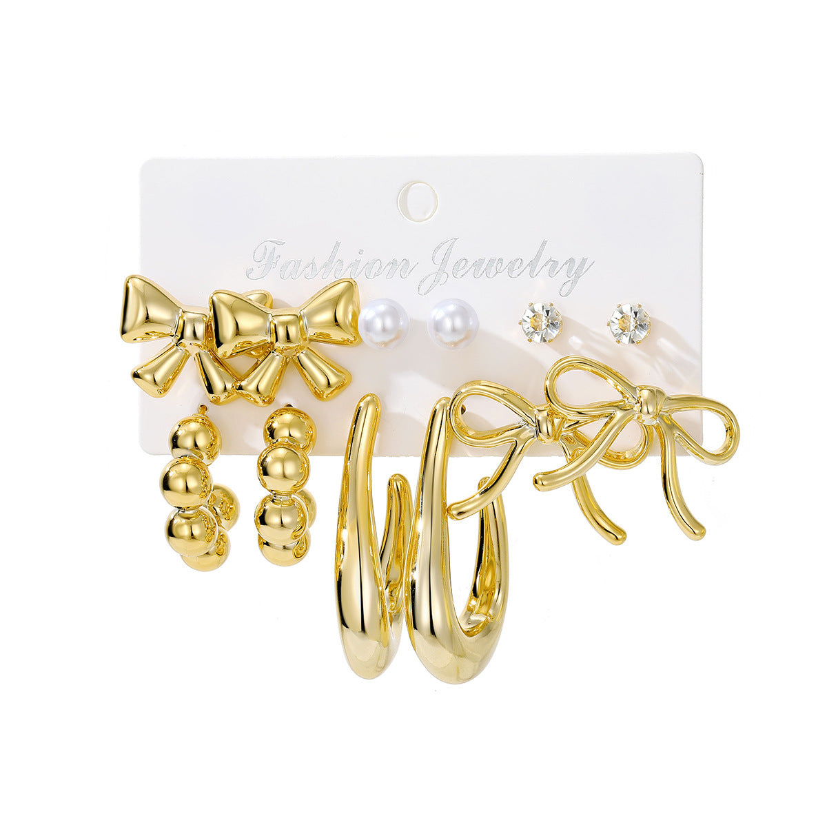 Gold Bow Tie Earrings For Women Featuring 6 Pairs Alloy Design With 304 Stainless Steel Posts And Artificial Pearl Inlay