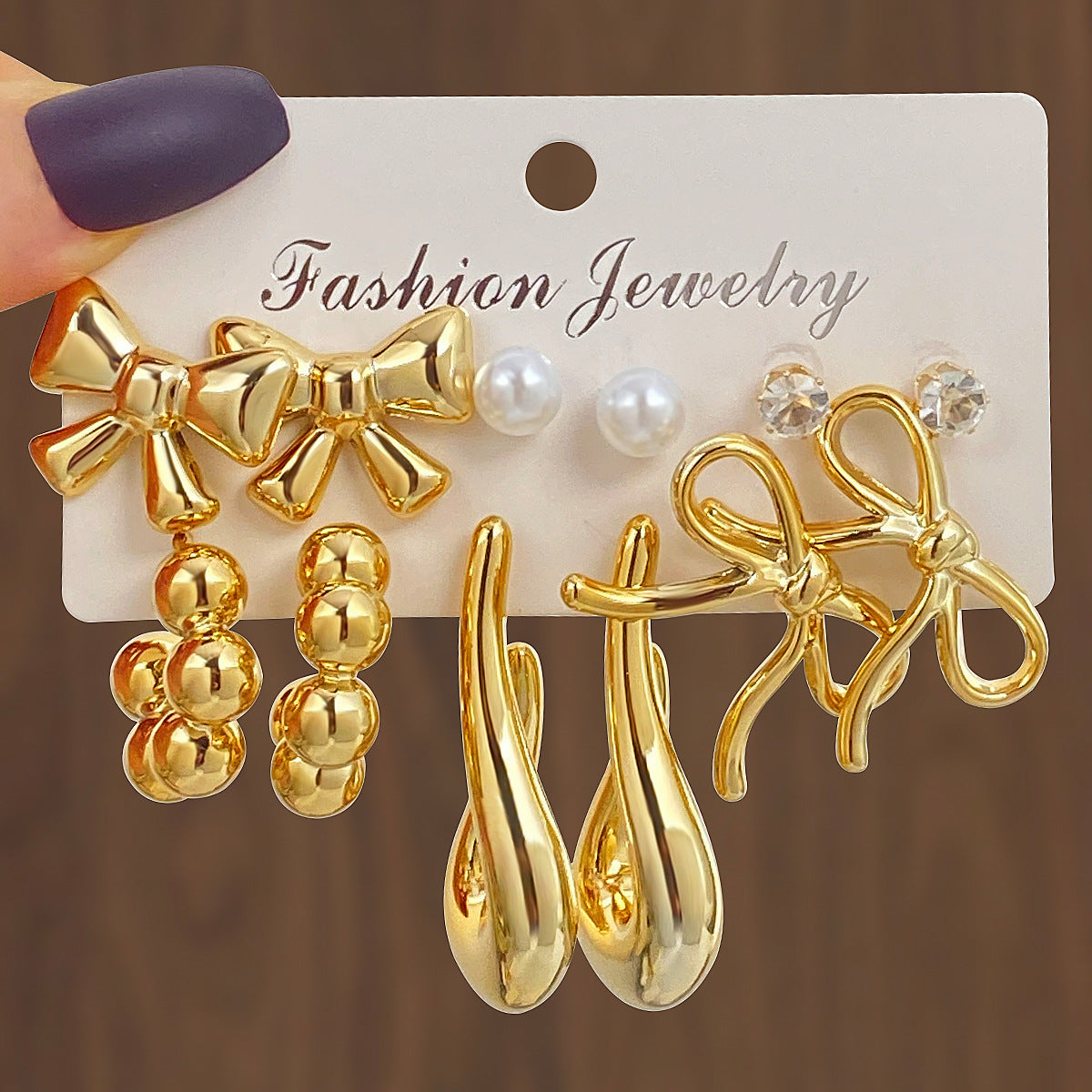 Gold Bow Tie Earrings For Women Featuring 6 Pairs Alloy Design With 304 Stainless Steel Posts And Artificial Pearl Inlay