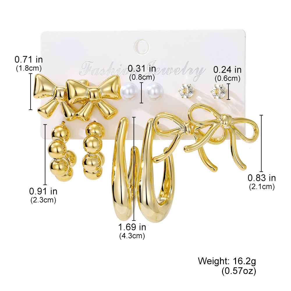 Gold Bow Tie Earrings For Women Featuring 6 Pairs Alloy Design With 304 Stainless Steel Posts And Artificial Pearl Inlay