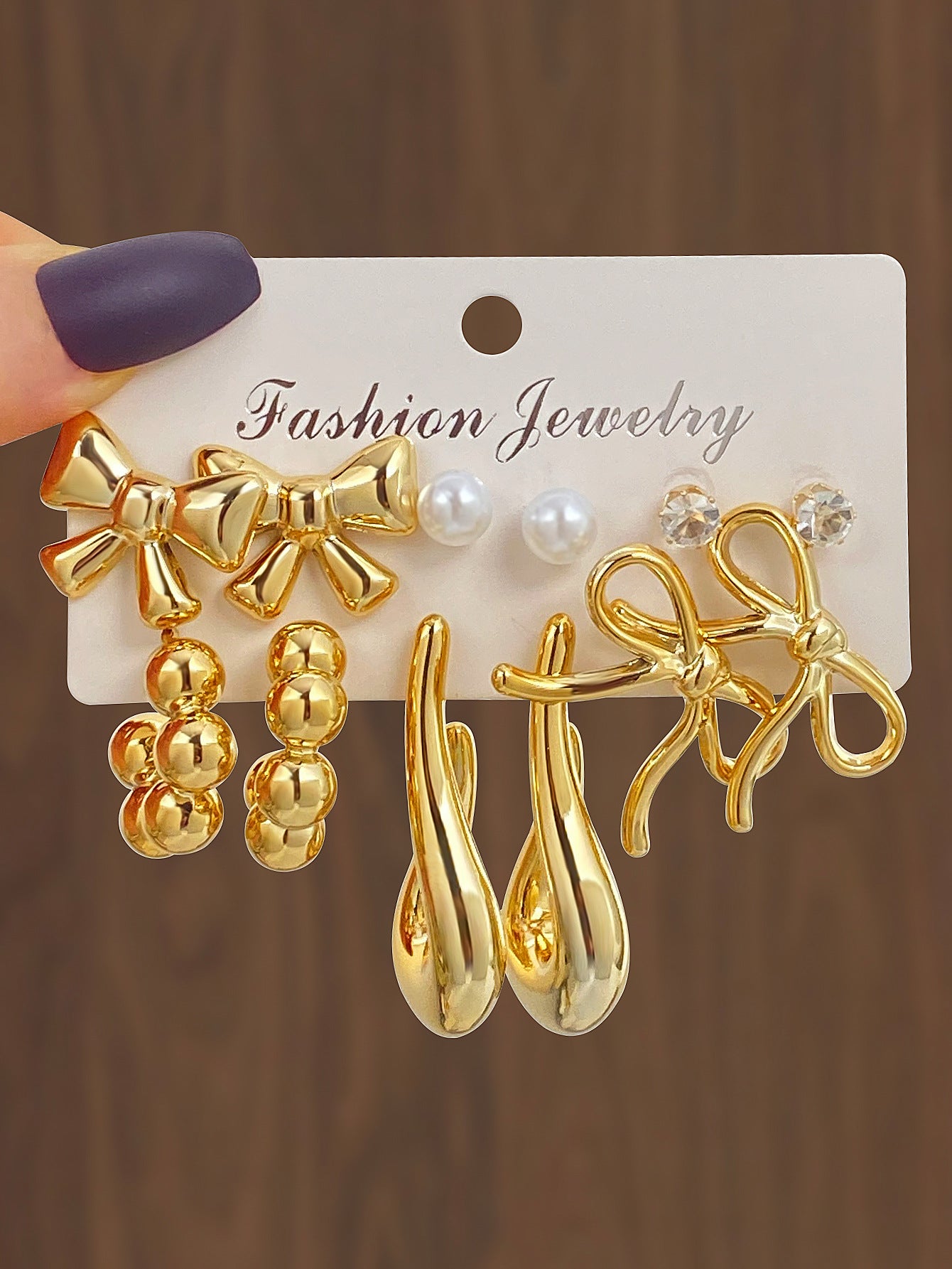 Gold Bow Tie Earrings For Women Featuring 6 Pairs Alloy Design With 304 Stainless Steel Posts And Artificial Pearl Inlay