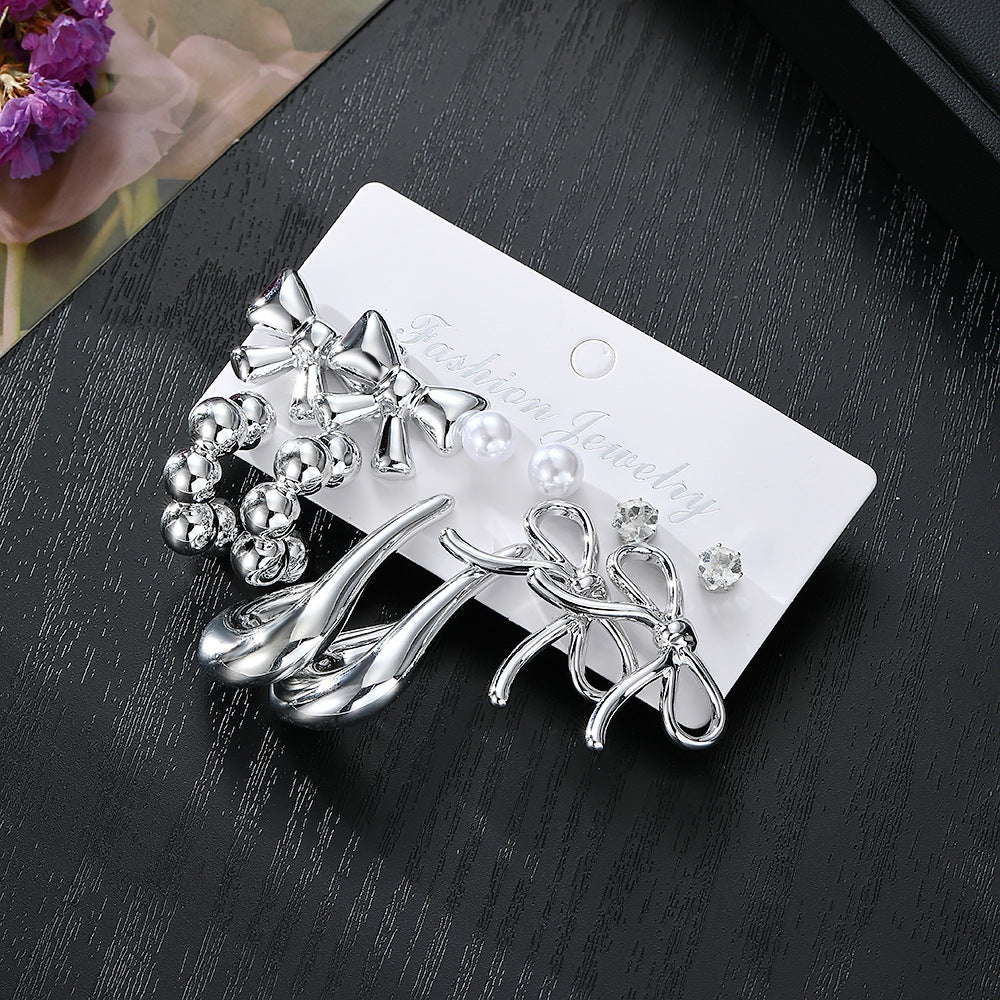 Gold Bow Tie Earrings For Women Featuring 6 Pairs Alloy Design With 304 Stainless Steel Posts And Artificial Pearl Inlay