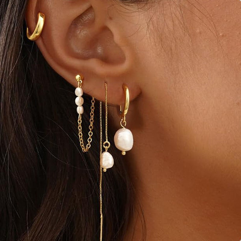 4 Pieces Set Of Grain Pattern Earrings For Women In Real Gold Plated Brass With Zircon Inlay