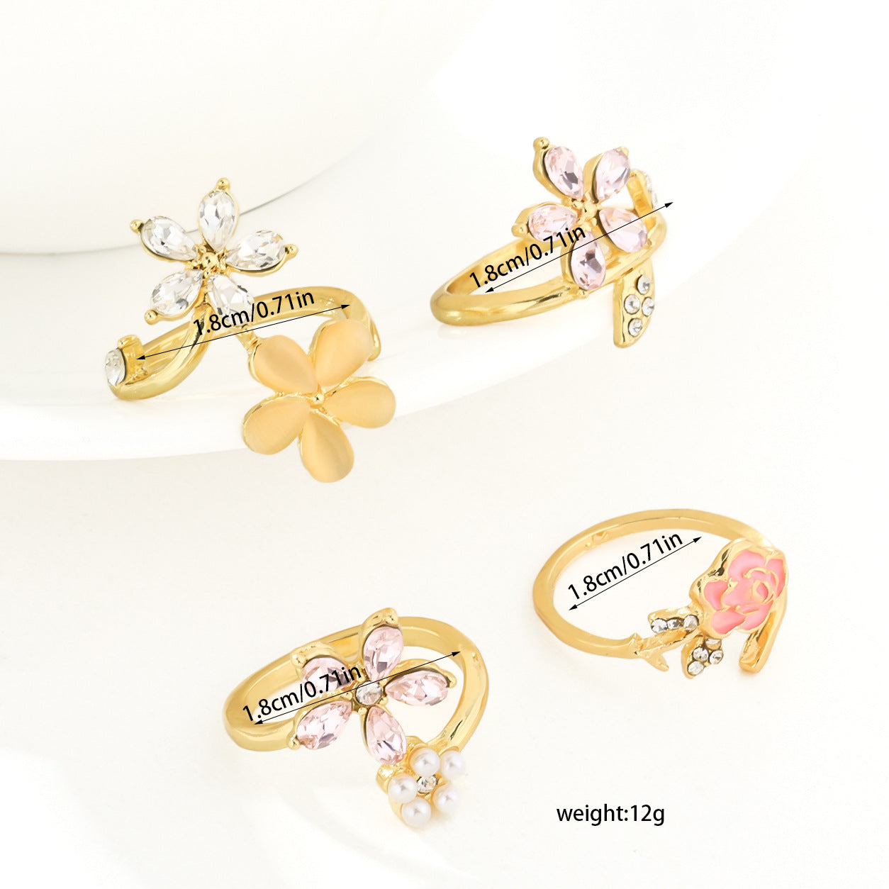 Elegant Natural Pink Flowers Rings For Women 4 Pieces Set With Enamel Craft In Zinc Alloy