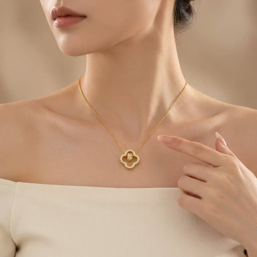 Golden Plated Leaf Pendant Necklace For Women In Titanium Steel With Zircon Inlay And Cable Chain