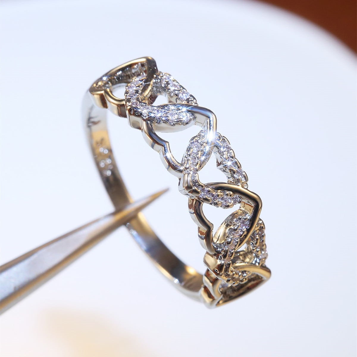 Heart Shape Claw Setting Ring For Women In Copper With White K Water Plating And Zircon Inlay
