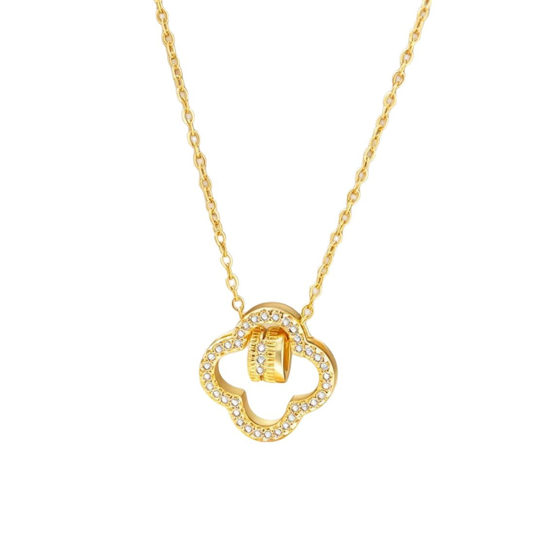 Golden Plated Leaf Pendant Necklace For Women In Titanium Steel With Zircon Inlay And Cable Chain