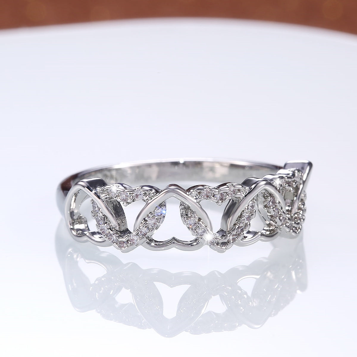 Heart Shape Claw Setting Ring For Women In Copper With White K Water Plating And Zircon Inlay