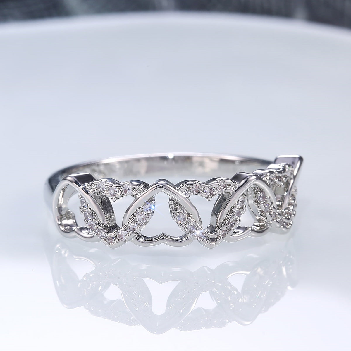 Heart Shape Claw Setting Ring For Women In Copper With White K Water Plating And Zircon Inlay