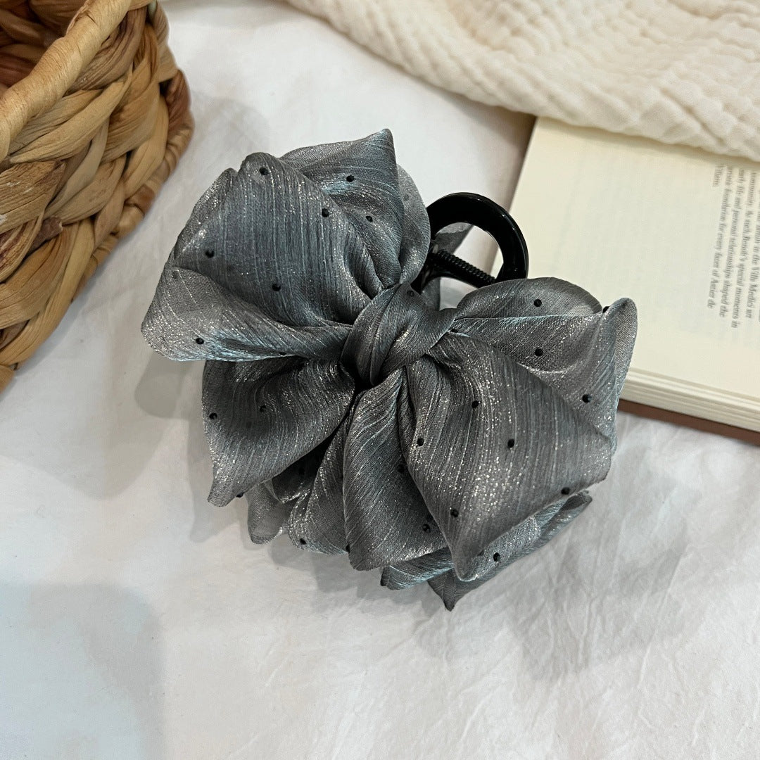 New Style Bow Tie Hair Claws For Women In Grey Gauze With Rhinestone Inlay Hairpin