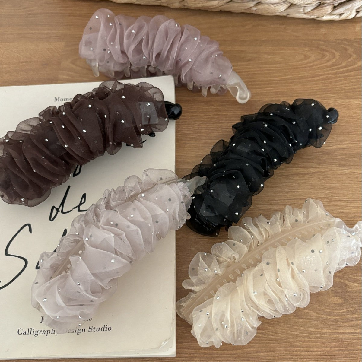 French Style Banana Clip Hairpin For Women In Beige, Made Of Organza, Perfect For Summer