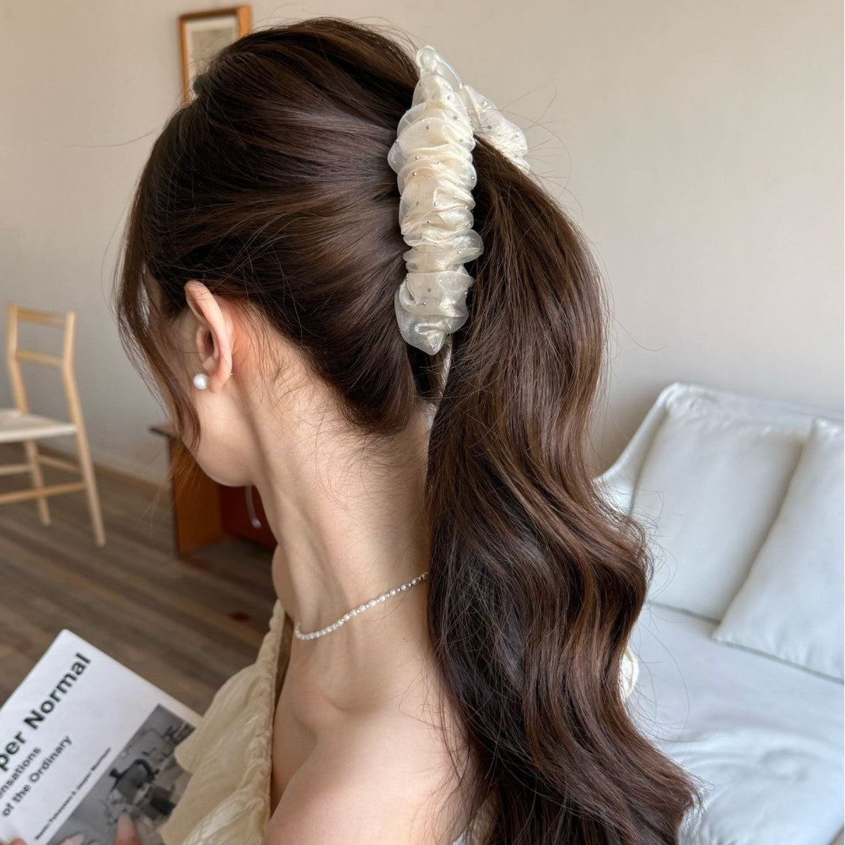 French Style Banana Clip Hairpin For Women In Beige, Made Of Organza, Perfect For Summer