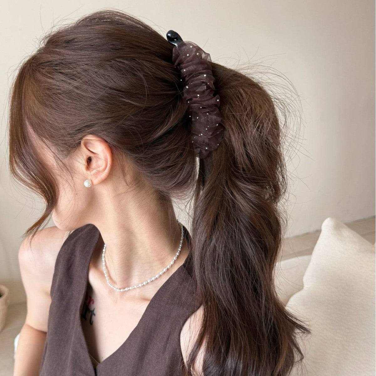 French Style Banana Clip Hairpin For Women In Beige, Made Of Organza, Perfect For Summer