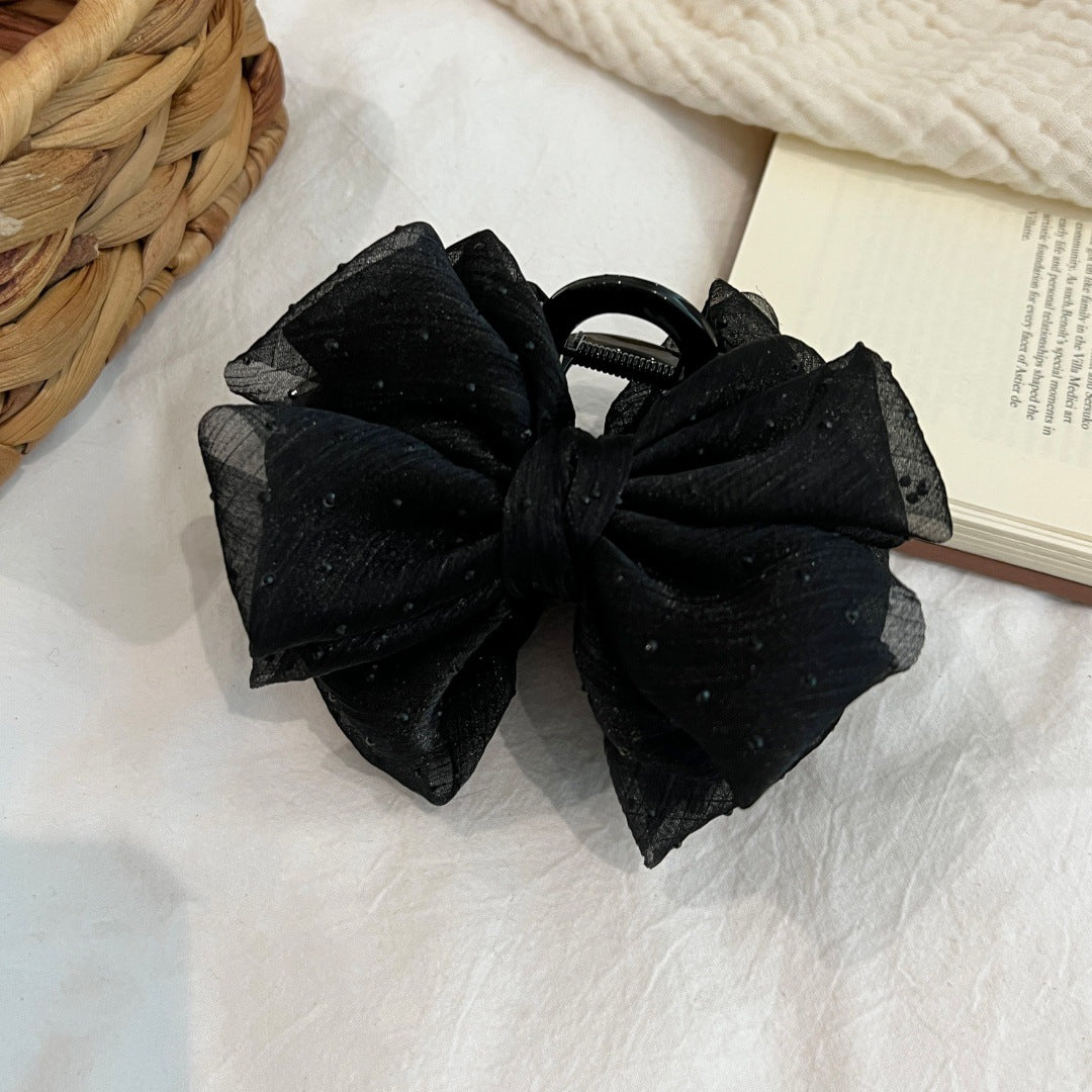 New Style Bow Tie Hair Claws For Women In Grey Gauze With Rhinestone Inlay Hairpin