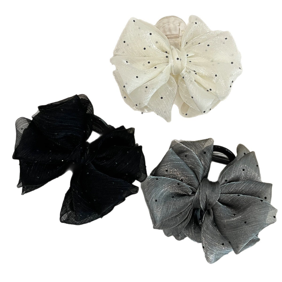New Style Bow Tie Hair Claws For Women In Grey Gauze With Rhinestone Inlay Hairpin