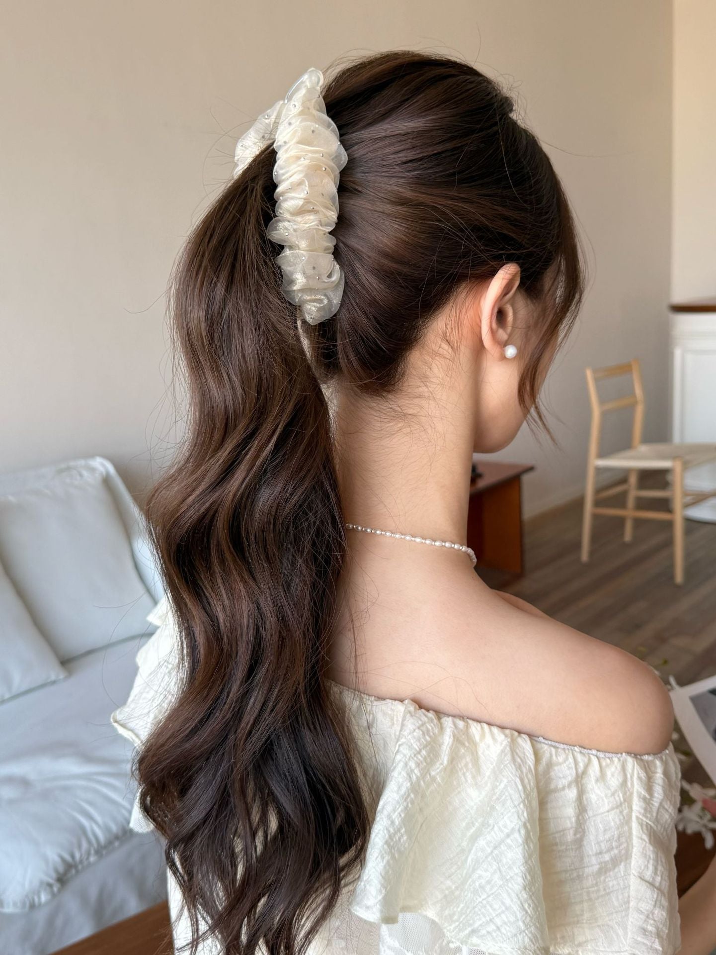 French Style Banana Clip Hairpin For Women In Beige, Made Of Organza, Perfect For Summer