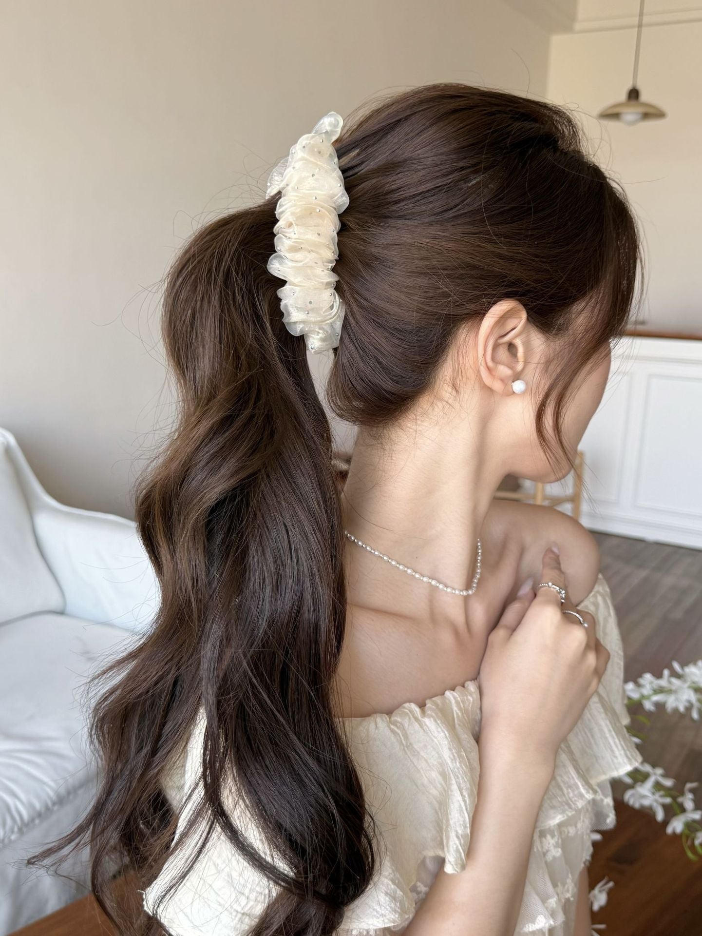 French Style Banana Clip Hairpin For Women In Beige, Made Of Organza, Perfect For Summer