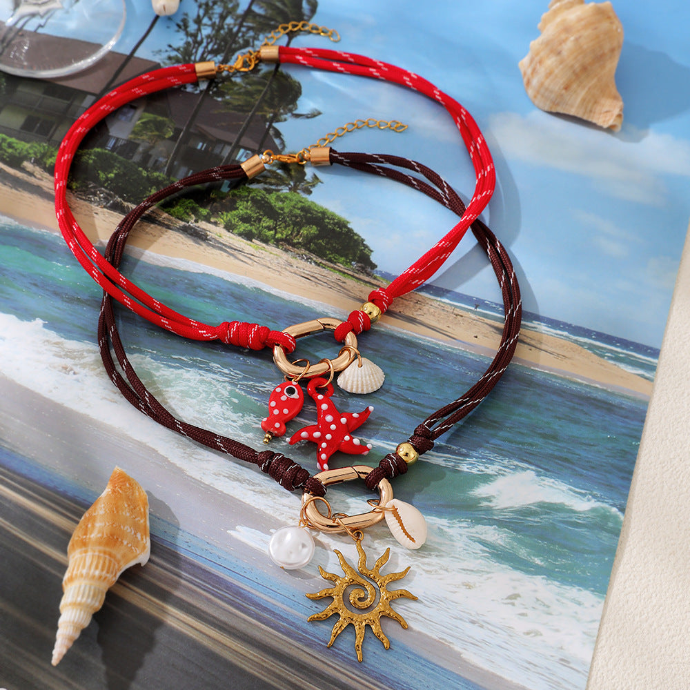 Bohemian Ocean Braid Pendant Necklace For Women With Alloy And Shell Inlay On Woven Chain