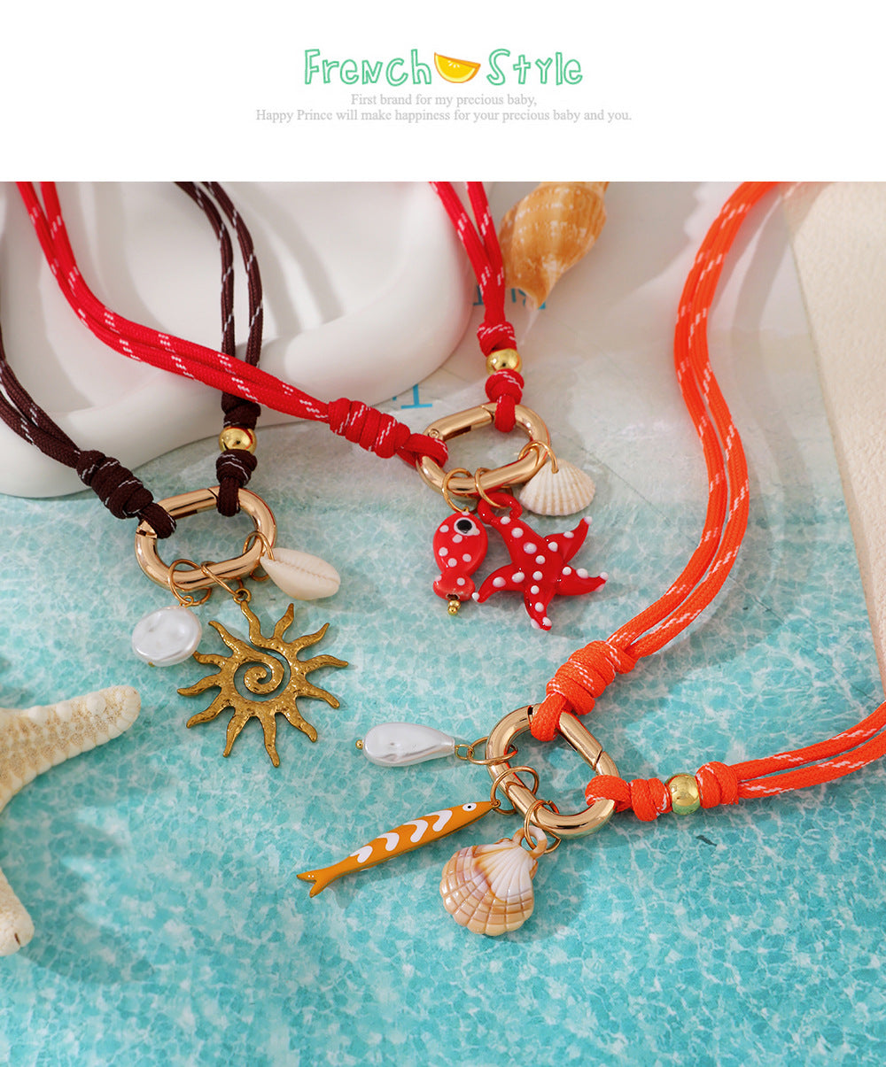 Bohemian Ocean Braid Pendant Necklace For Women With Alloy And Shell Inlay On Woven Chain