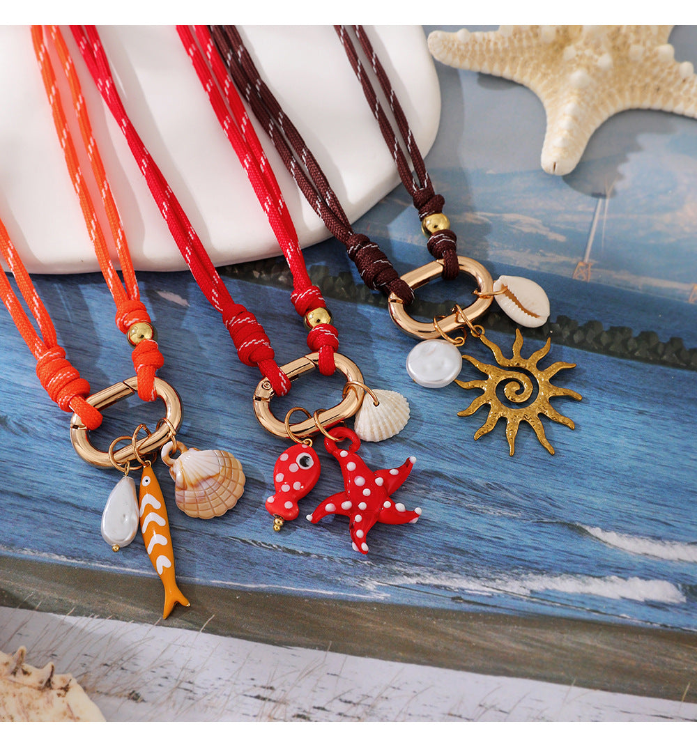 Bohemian Ocean Braid Pendant Necklace For Women With Alloy And Shell Inlay On Woven Chain