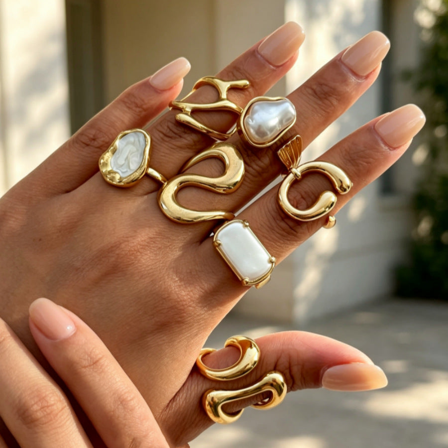 Geometric Baroque Style Unisex Ring For Everyday Wear Featuring Electroplated Alloy And Baroque Pearl Inlay