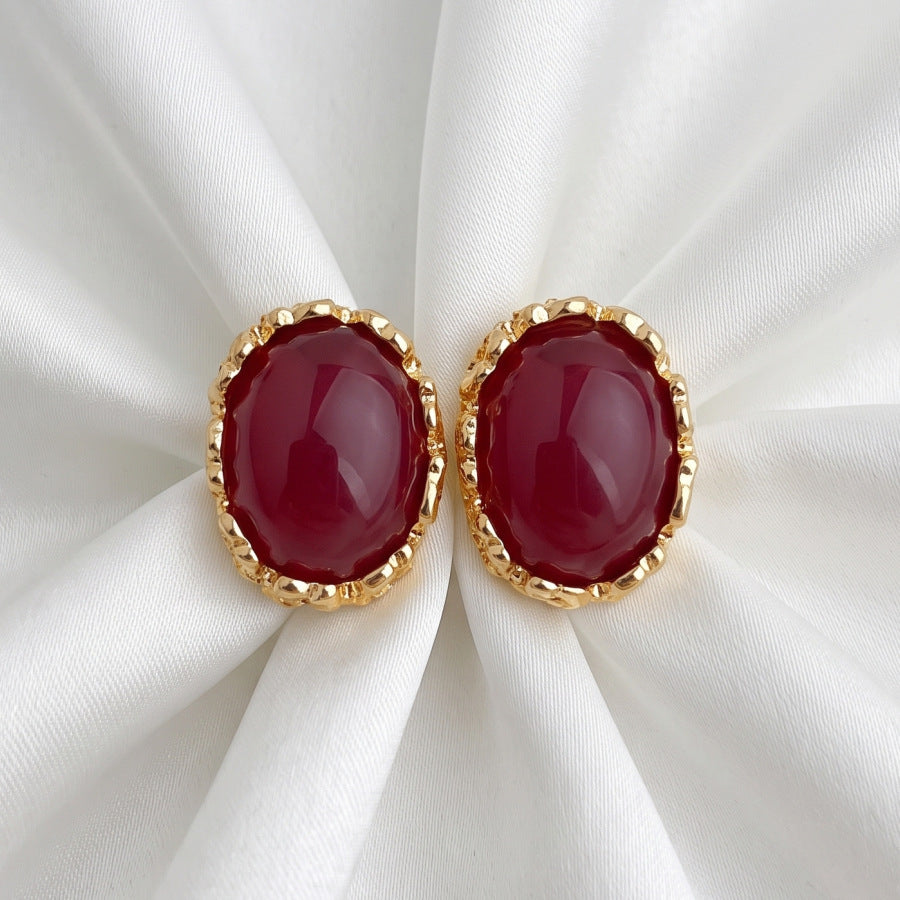 Oval Hammered Stud Earrings For Women With Electroplated Alloy And 304 Stainless Steel Posts Featuring Gem Inlay