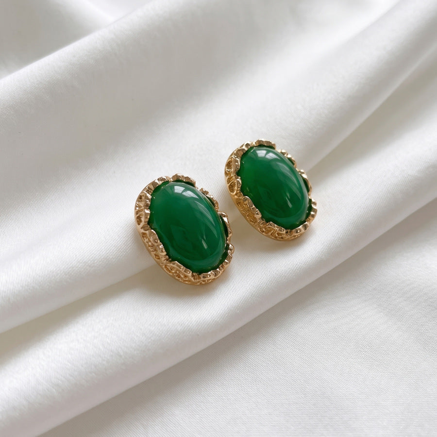 Oval Hammered Stud Earrings For Women With Electroplated Alloy And 304 Stainless Steel Posts Featuring Gem Inlay
