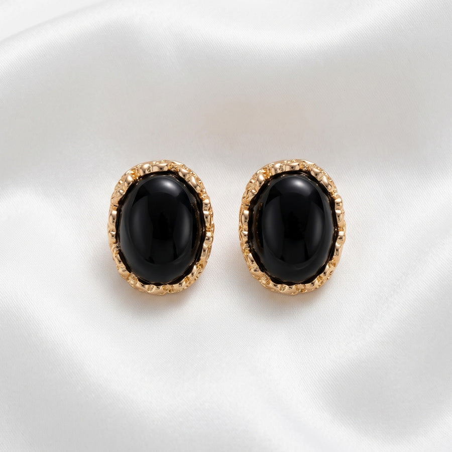 Oval Hammered Stud Earrings For Women With Electroplated Alloy And 304 Stainless Steel Posts Featuring Gem Inlay