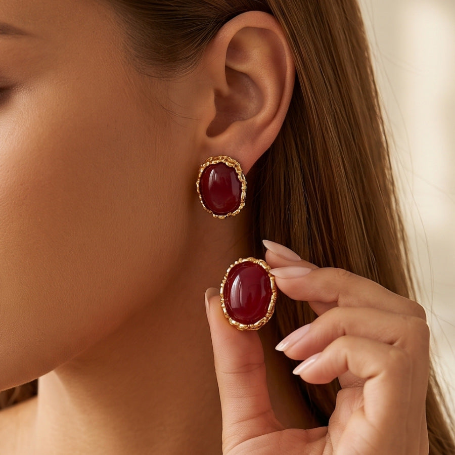Oval Hammered Stud Earrings For Women With Electroplated Alloy And 304 Stainless Steel Posts Featuring Gem Inlay