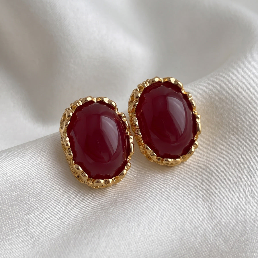 Oval Hammered Stud Earrings For Women With Electroplated Alloy And 304 Stainless Steel Posts Featuring Gem Inlay