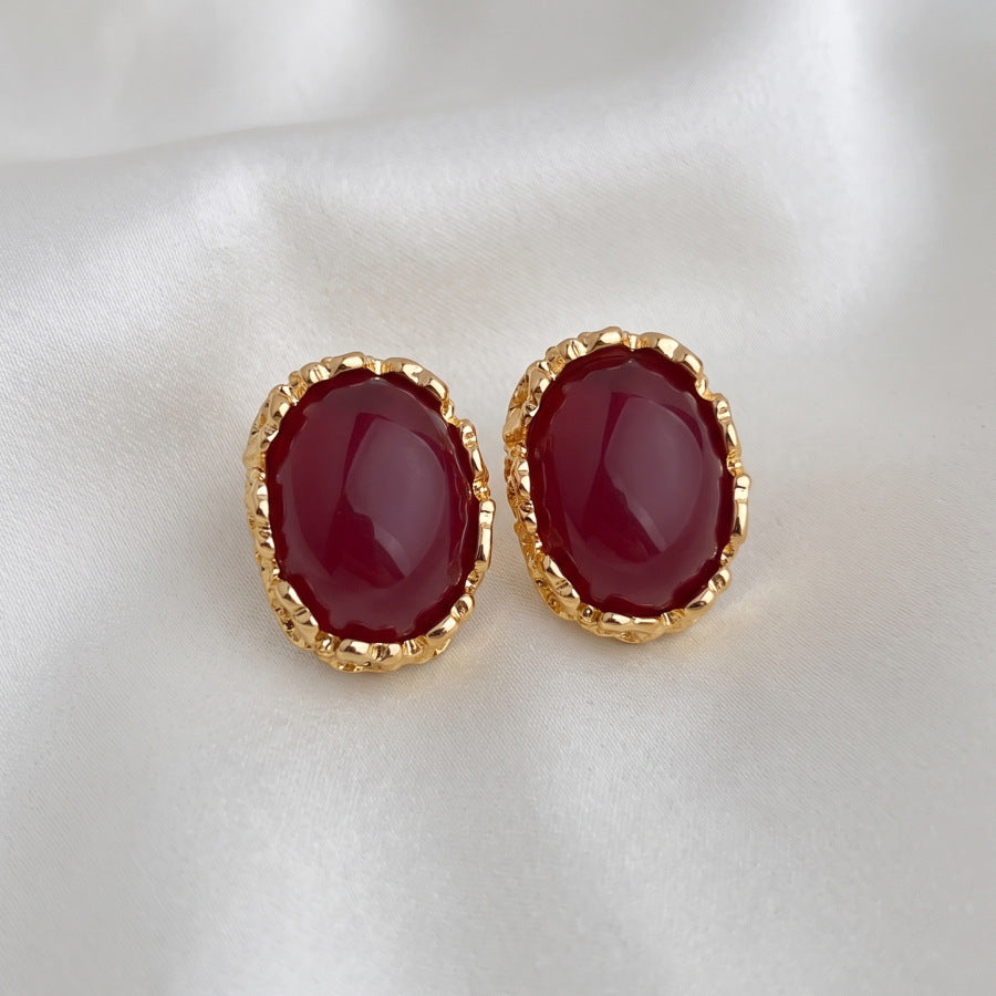 Oval Hammered Stud Earrings For Women With Electroplated Alloy And 304 Stainless Steel Posts Featuring Gem Inlay