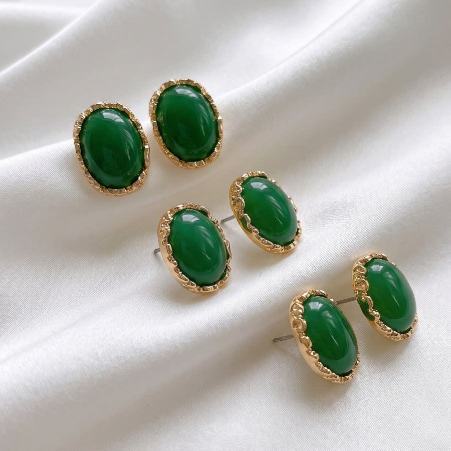 Oval Hammered Stud Earrings For Women With Electroplated Alloy And 304 Stainless Steel Posts Featuring Gem Inlay