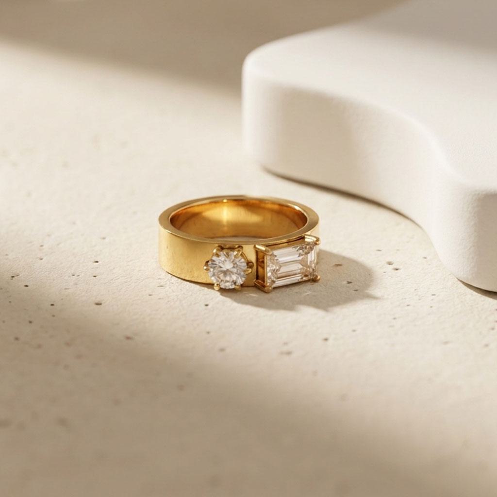 Geometric Electroplated Rings For Women In 304 Stainless Steel With 18K Real Gold PVD Coating And Zircon Inlay