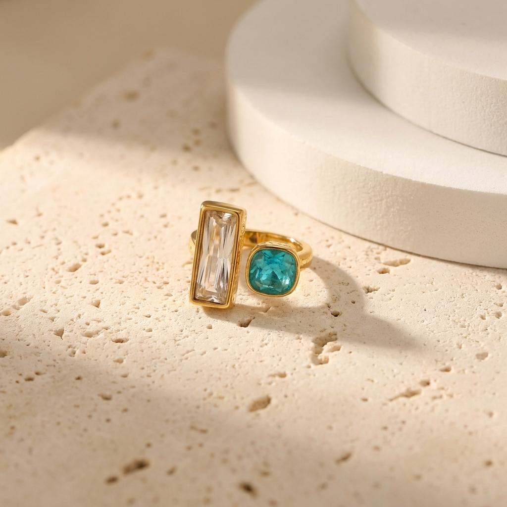 Geometric Electroplated Rings For Women In 304 Stainless Steel With 18K Real Gold PVD Coating And Zircon Inlay
