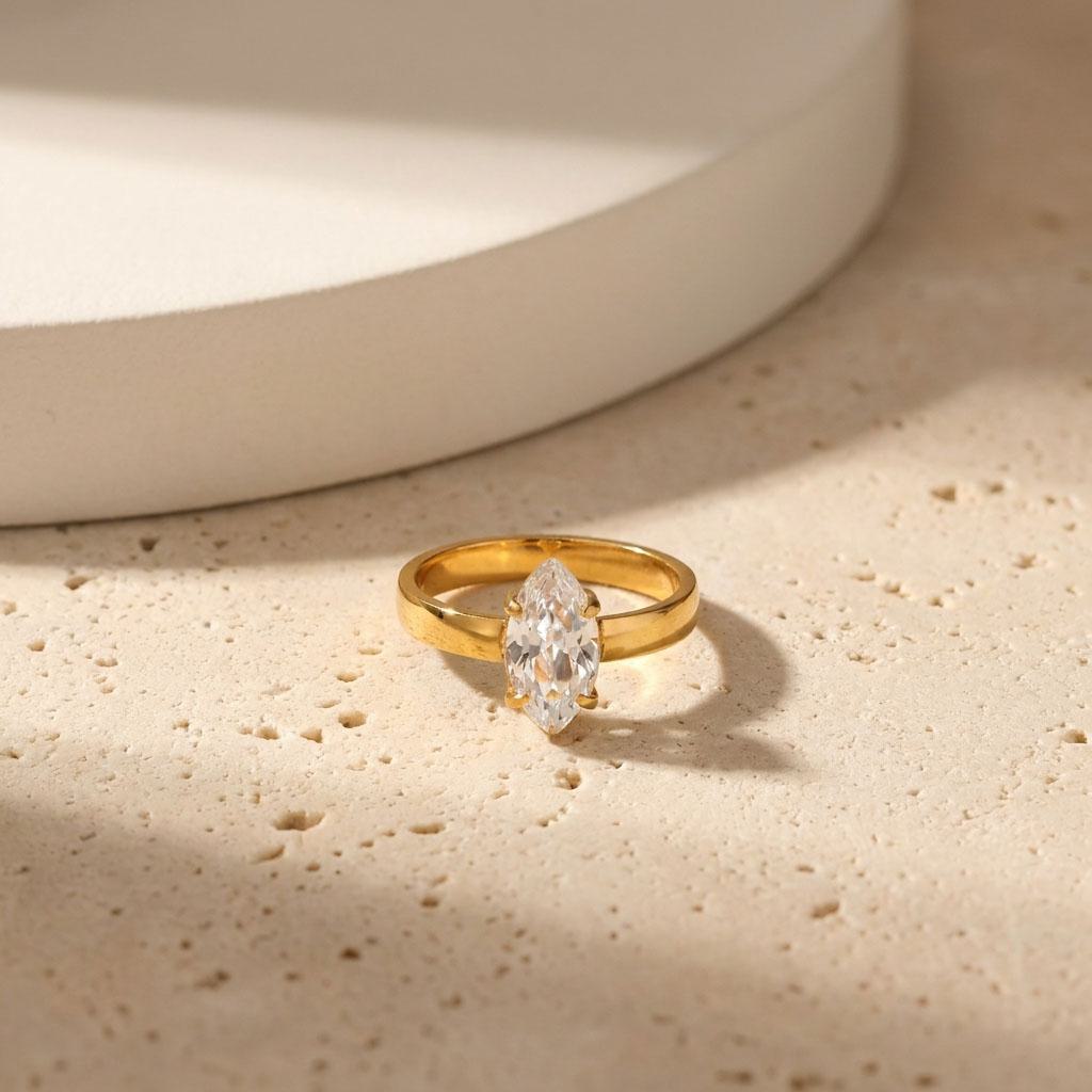 Geometric Electroplated Rings For Women In 304 Stainless Steel With 18K Real Gold PVD Coating And Zircon Inlay