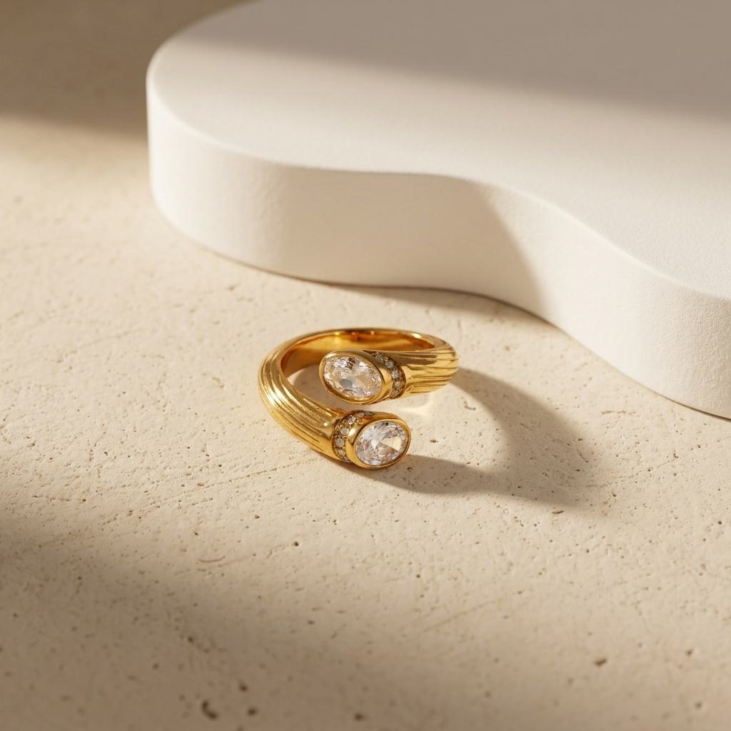 Geometric Electroplated Rings For Women In 304 Stainless Steel With 18K Real Gold PVD Coating And Zircon Inlay