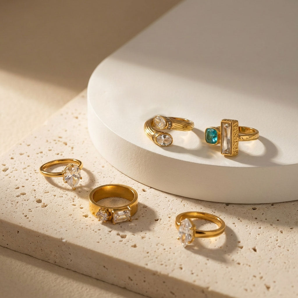 Geometric Electroplated Rings For Women In 304 Stainless Steel With 18K Real Gold PVD Coating And Zircon Inlay