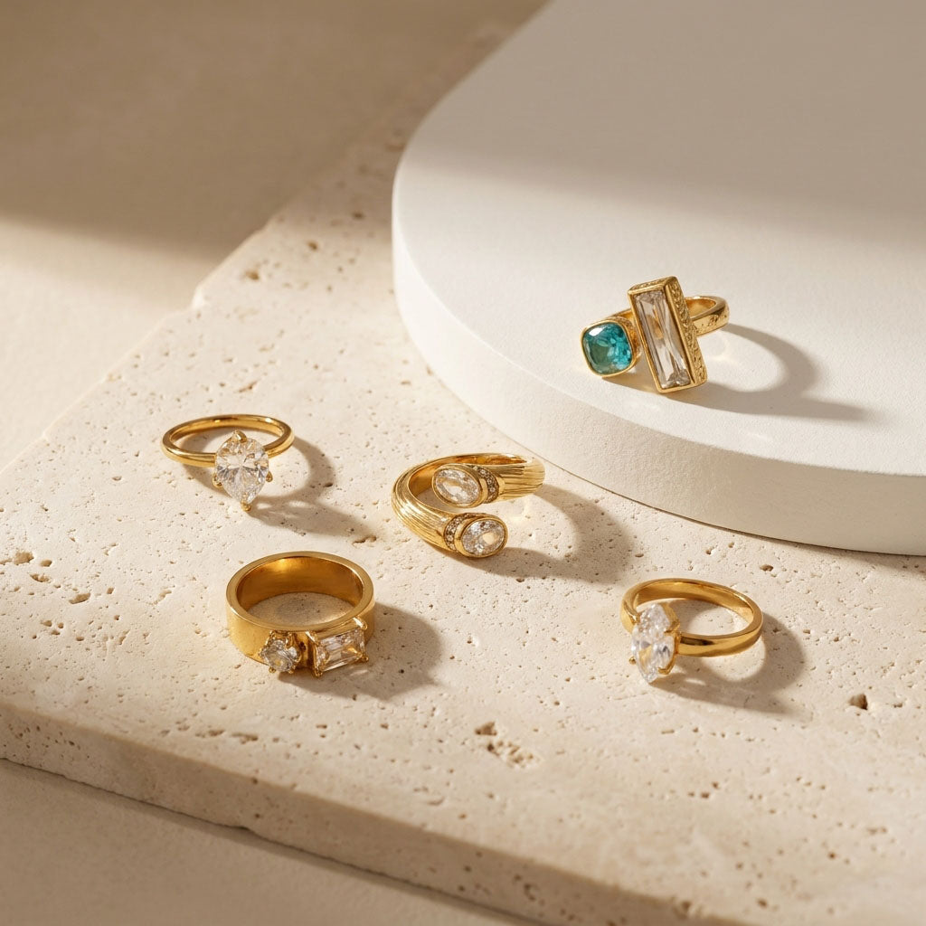 Geometric Electroplated Rings For Women In 304 Stainless Steel With 18K Real Gold PVD Coating And Zircon Inlay