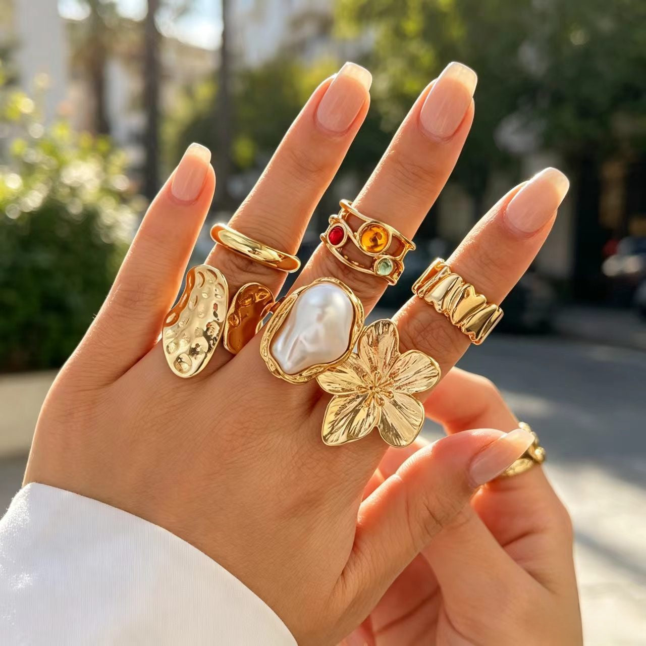 Geometric Baroque Style Unisex Ring For Everyday Wear Featuring Electroplated Alloy And Baroque Pearl Inlay