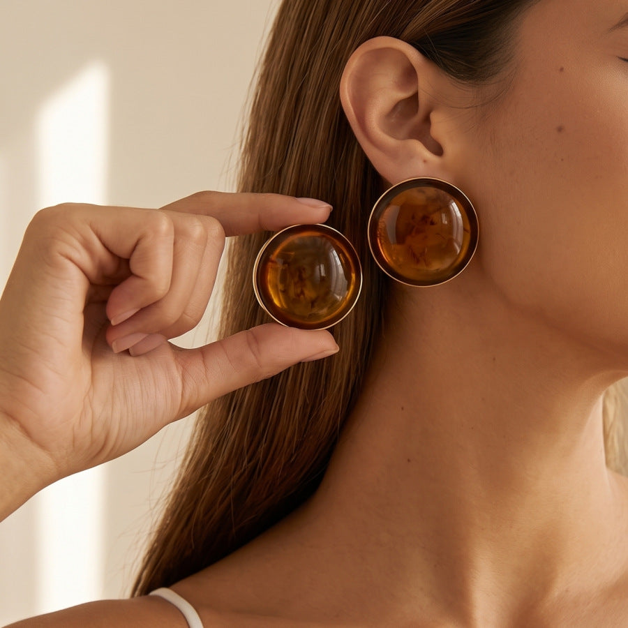 Exaggerated Round Brown Stud Earrings For Unisex, Alloy With Resin Inlay, Featuring 304 Stainless Steel Ear Pins