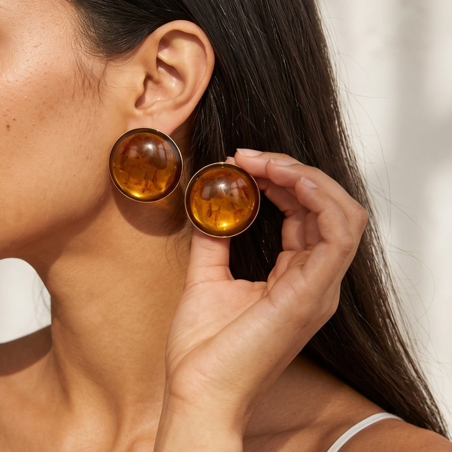 Exaggerated Round Brown Stud Earrings For Unisex, Alloy With Resin Inlay, Featuring 304 Stainless Steel Ear Pins