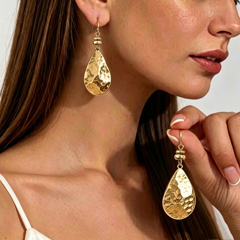 Hammered Alloy Water Droplets Earrings For Unisex Featuring Electroplated Finish With Copper Ear Pins